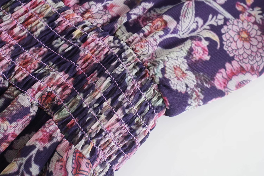 Fashion Purple Stand-up Collar Printed Waist Dress,Long Dress