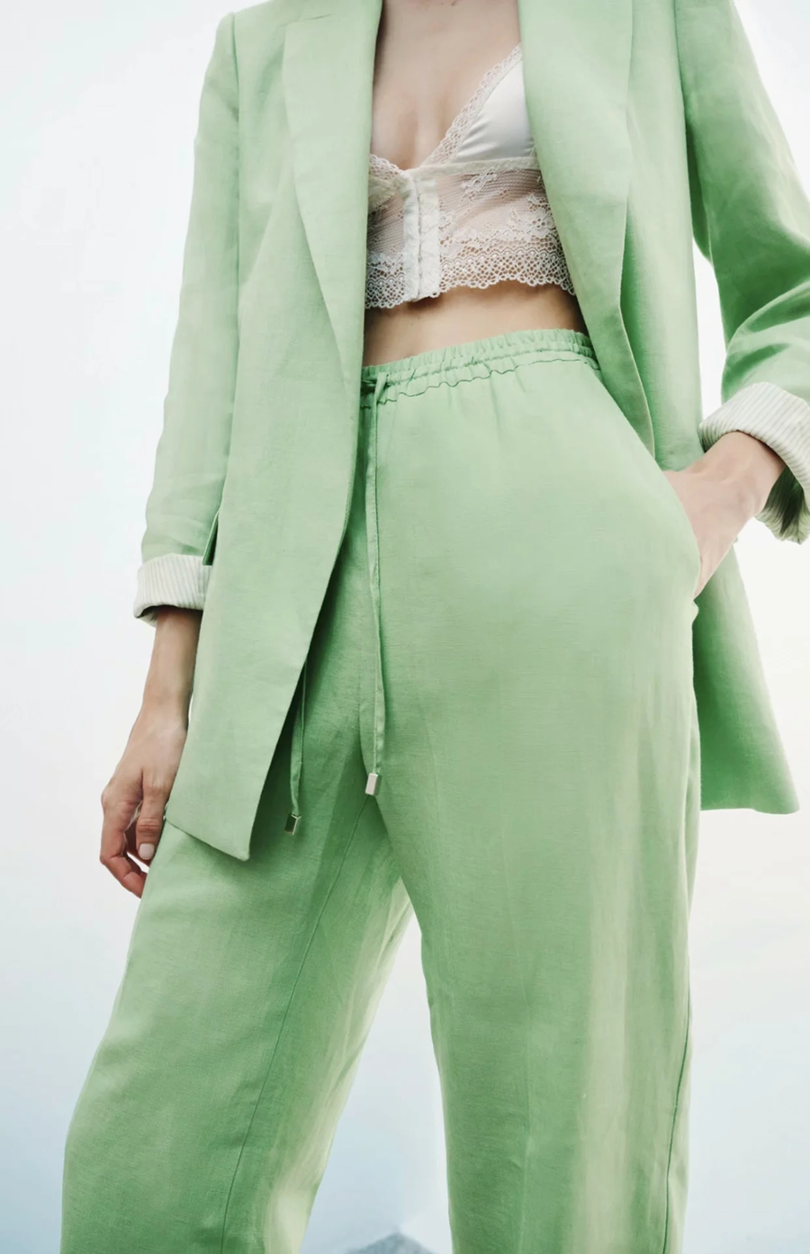 Fashion Green Linen Micro-pleated Wide-leg Pants,Pants