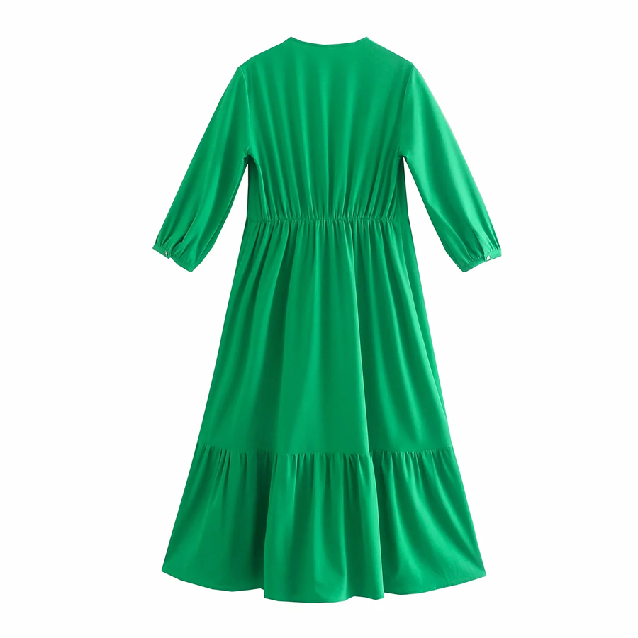 Fashion Green Ruffled Pleated Mid-sleeve Dress,Long Dress