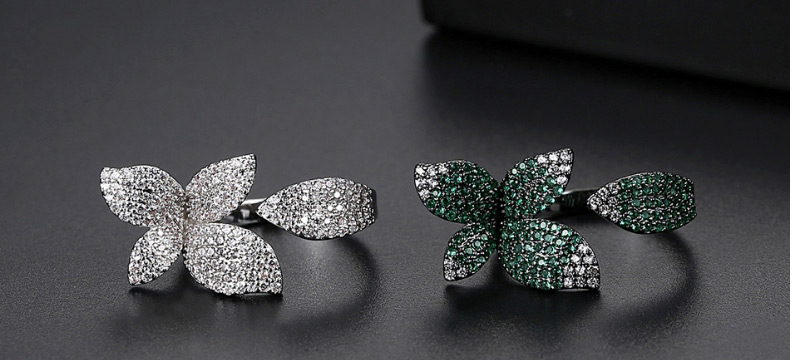 Fashion Green Copper Inlaid Zirconium Flower Open Ring,Rings