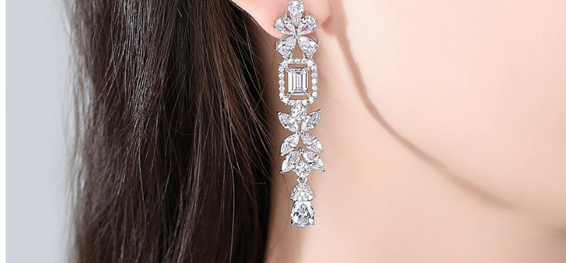 Fashion Silver Copper Inlaid Zirconium Flower Tassel Earrings,Earrings