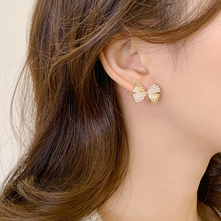 Fashion Yellow Sparkling Diamond Pearl Bow Stud Earrings,Stud Earrings