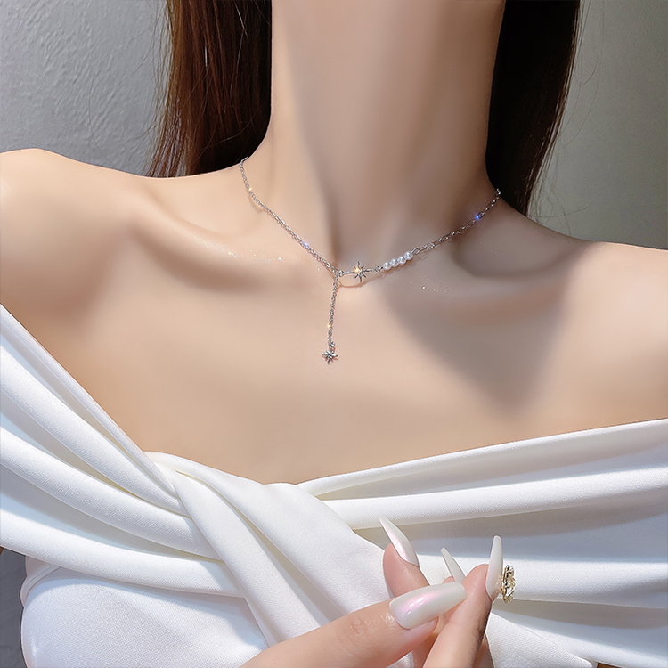 Fashion Silver Pearl Eight-pointed Star Chain Necklace,Multi Strand Necklaces