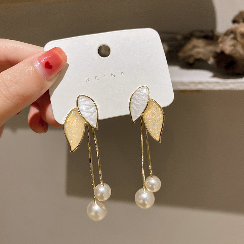 Fashion Golden Leaf Tassel Pearl Earrings,Drop Earrings