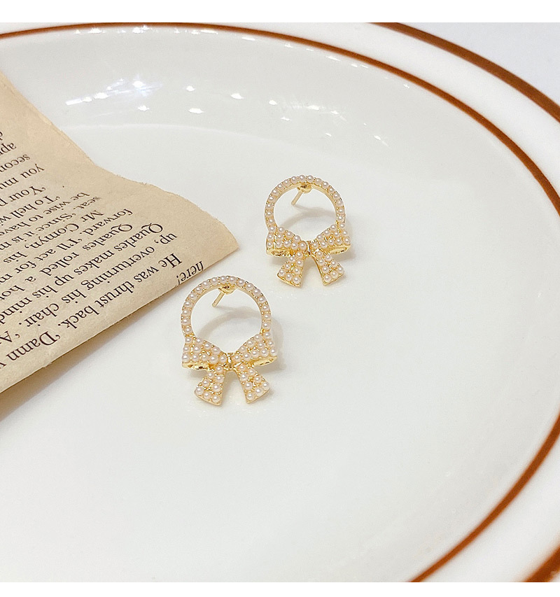 Fashion Golden Bow Pearl Stud Earrings,Stud Earrings
