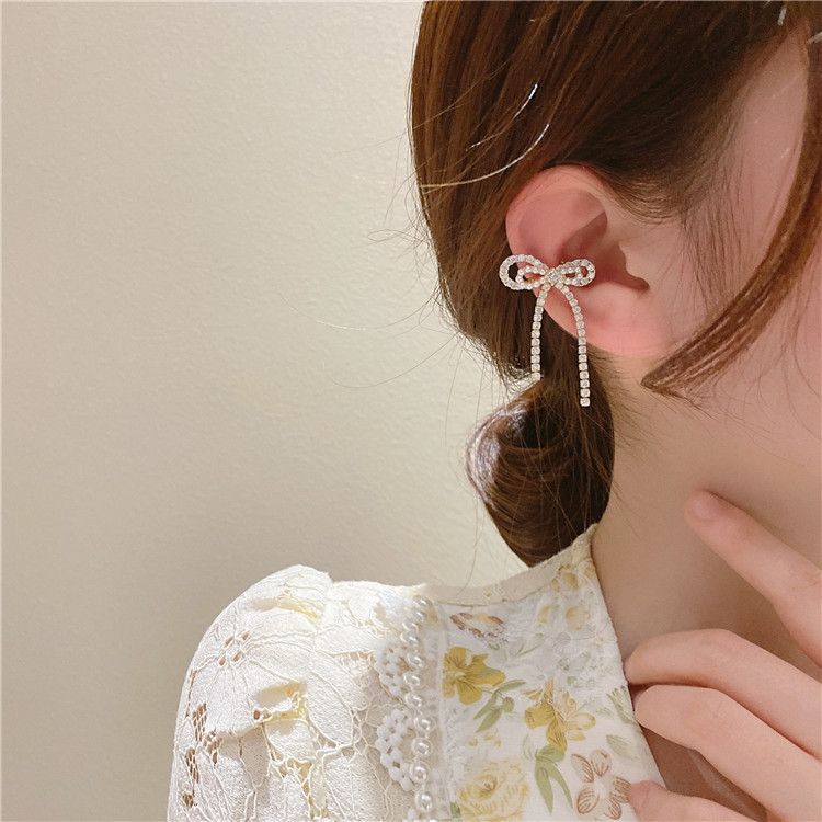 Fashion Silver Double-layer Bowknot Tassel Single Ear Clip,Clip & Cuff Earrings