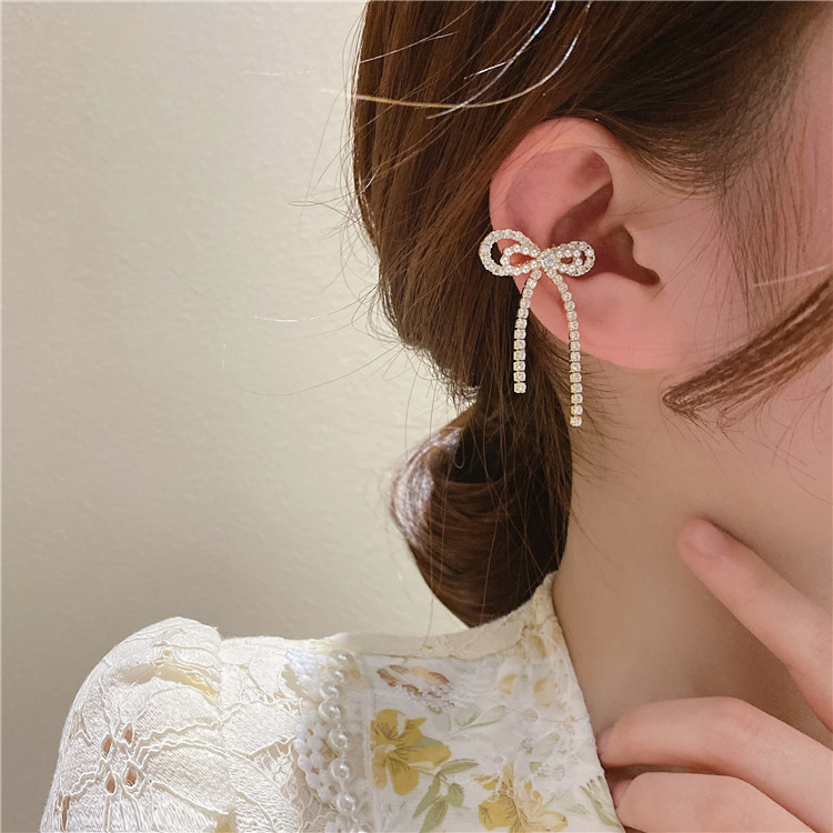 Fashion Silver Double-layer Bowknot Tassel Single Ear Clip,Clip & Cuff Earrings