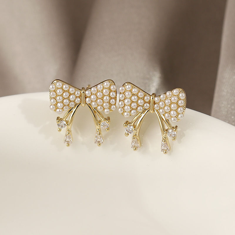 Fashion Golden Pearl Bow Zircon Stud Earrings,Stud Earrings