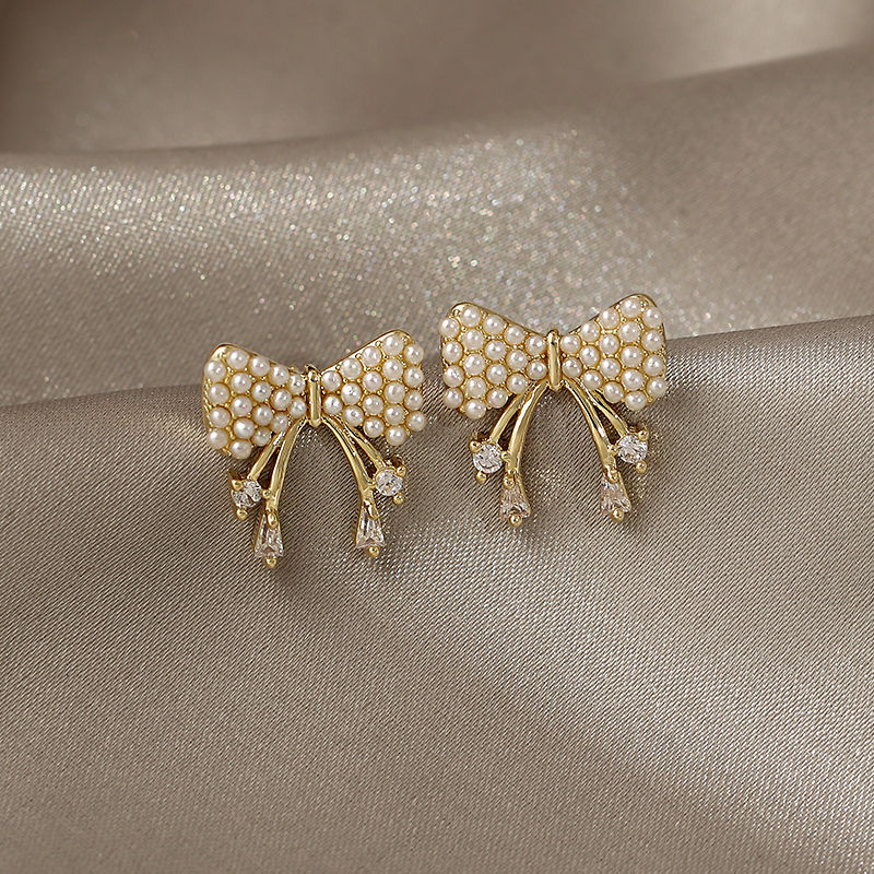 Fashion Golden Pearl Bow Zircon Stud Earrings,Stud Earrings
