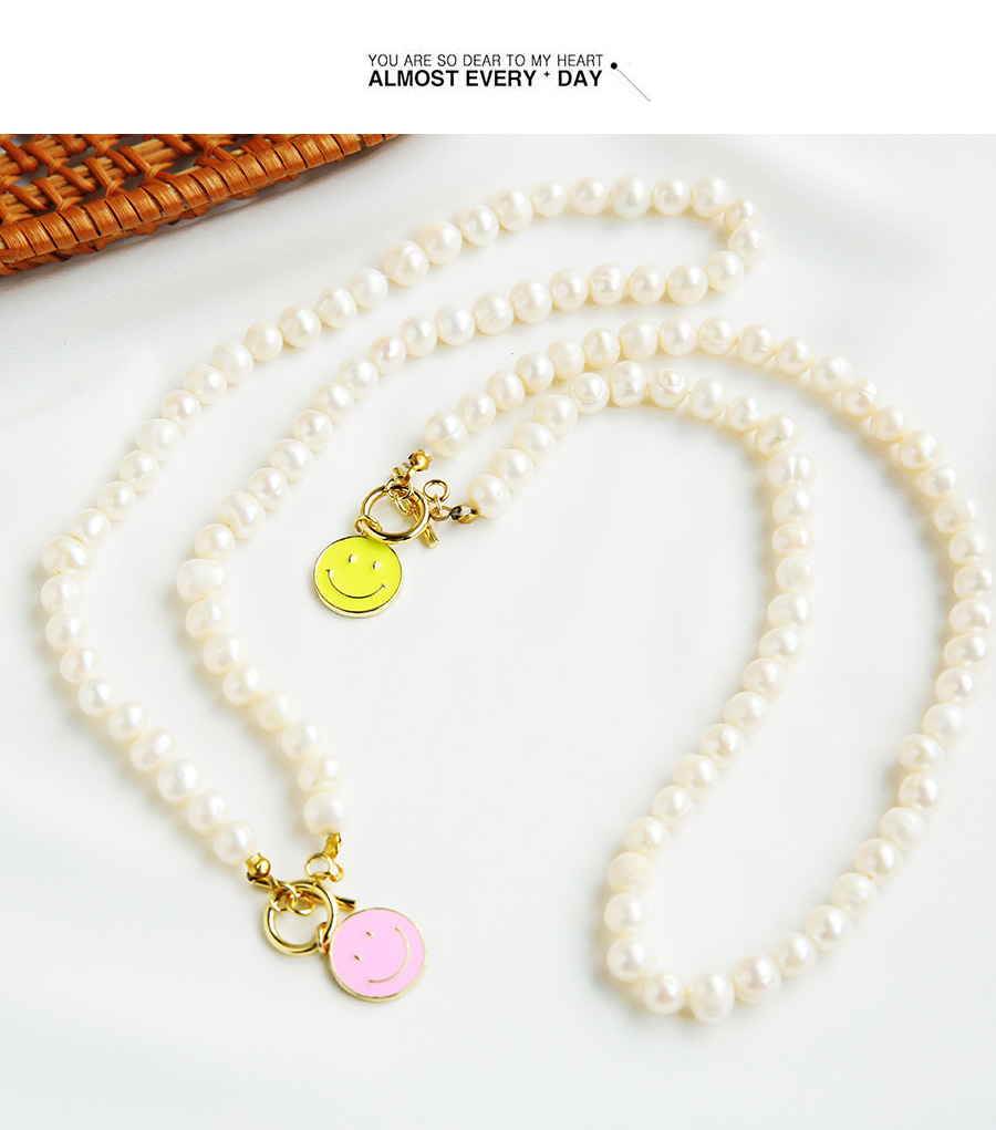 Fashion Golden Copper Inlaid Zircon Pearl To Buckle Smiley Face Necklace,Necklaces
