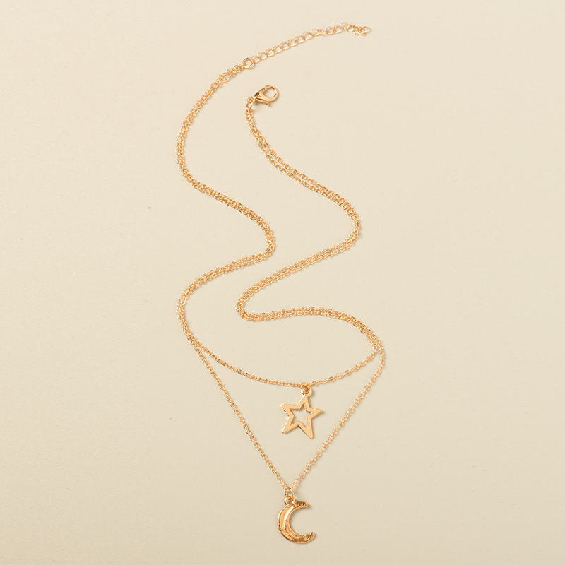Fashion Gold Color Pentagon Moon Pendant Multi-layer Necklace,Multi Strand Necklaces