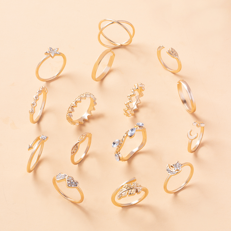 Fashion Gold Color Diamond Love Leaves Open Ring Ring Set 15,Jewelry Sets