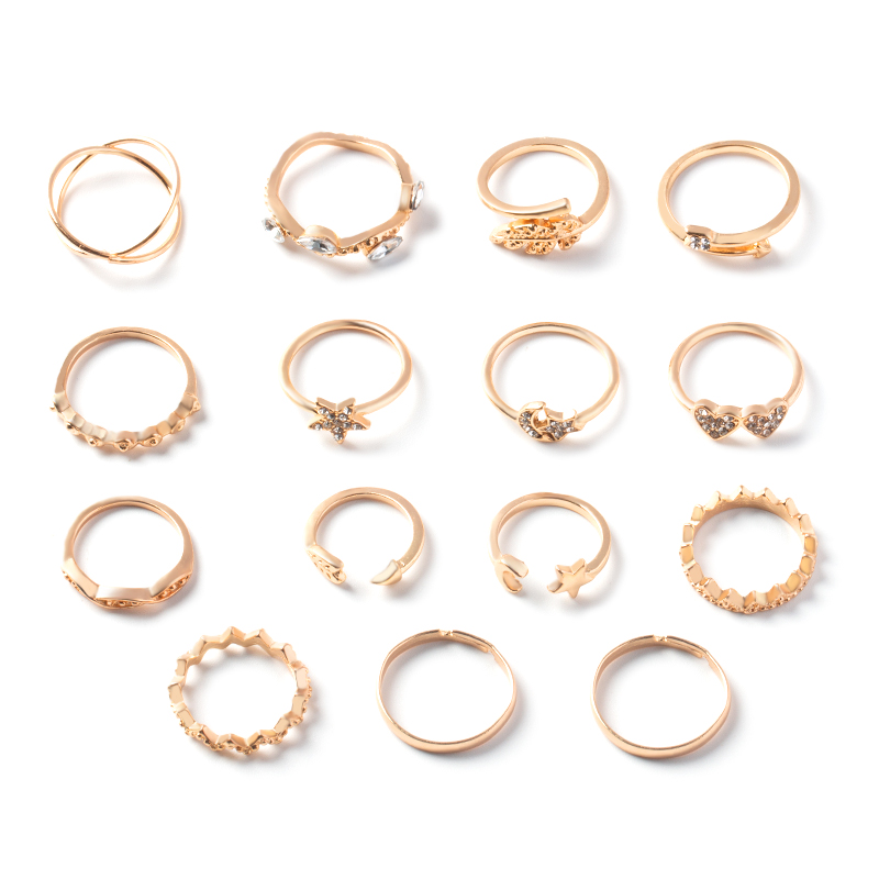 Fashion Gold Color Diamond Love Leaves Open Ring Ring Set 15,Jewelry Sets