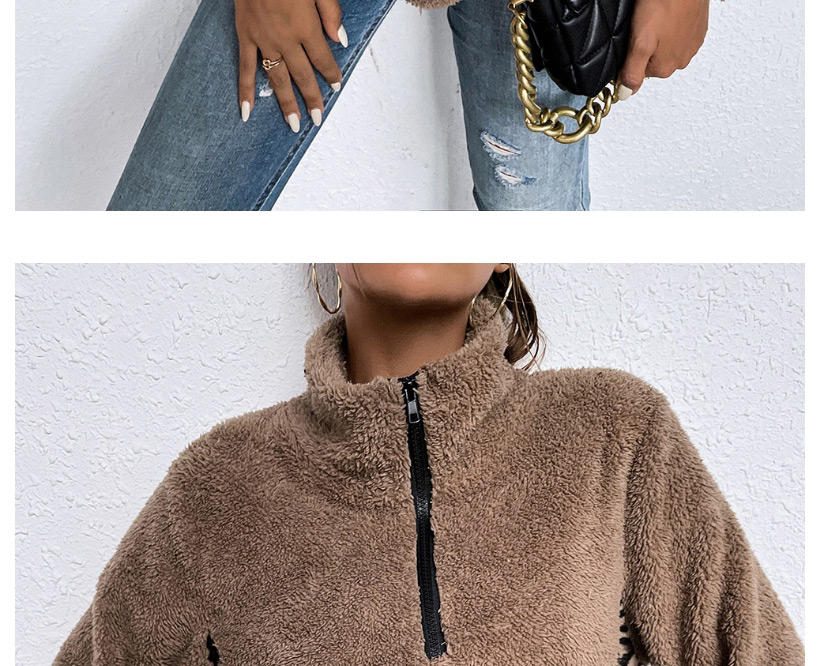 Fashion Khaki Lapel Stitched Leopard Print Long-sleeved Sweater,Sweater