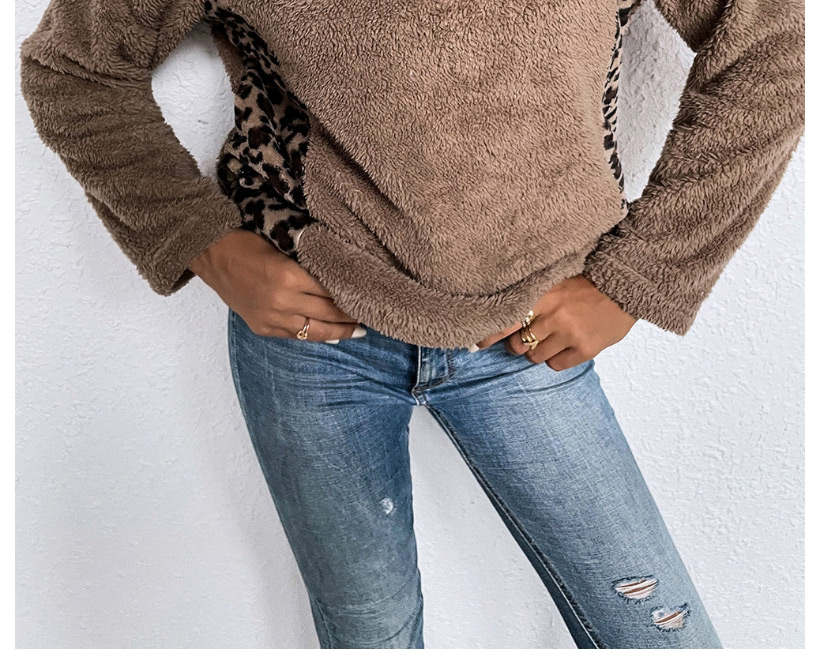 Fashion Khaki Lapel Stitched Leopard Print Long-sleeved Sweater,Sweater