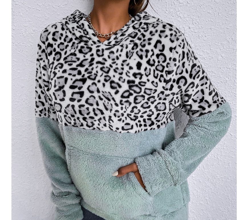 Fashion Green Leopard Print Panelled Hooded Long-sleeved Sweater,Sweater