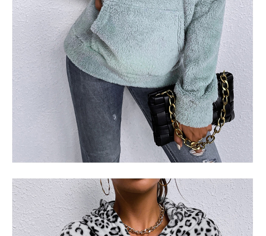 Fashion Green Leopard Print Panelled Hooded Long-sleeved Sweater,Sweater