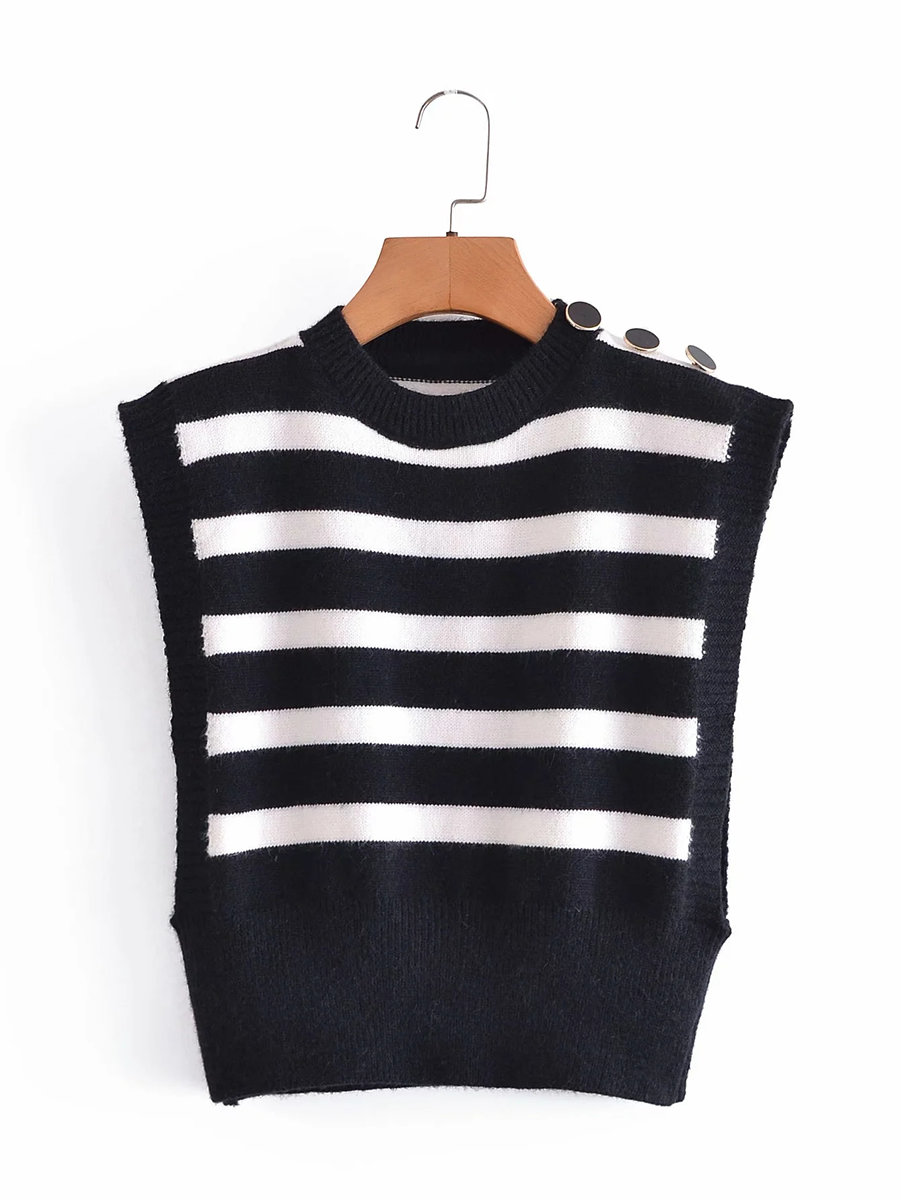 Fashion Black Button Striped Knitted Vest,Sweater