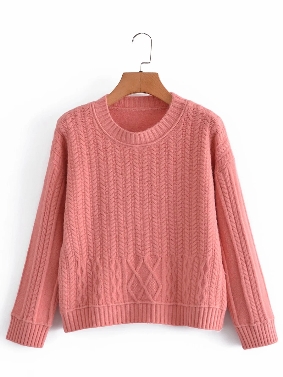 Fashion Pink Round Neck Twist Knit Pullover Sweater,Sweater