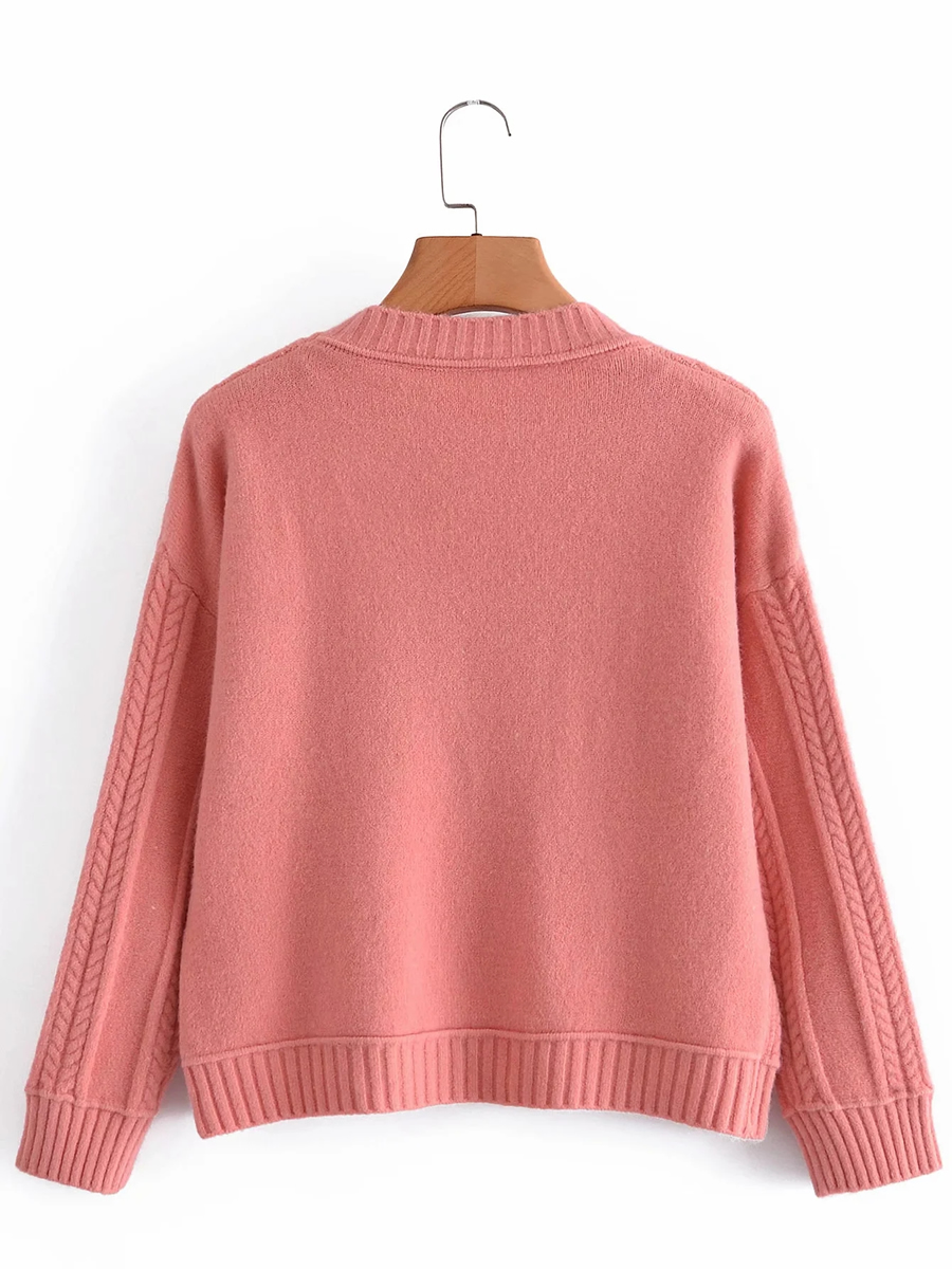 Fashion Pink Round Neck Twist Knit Pullover Sweater,Sweater