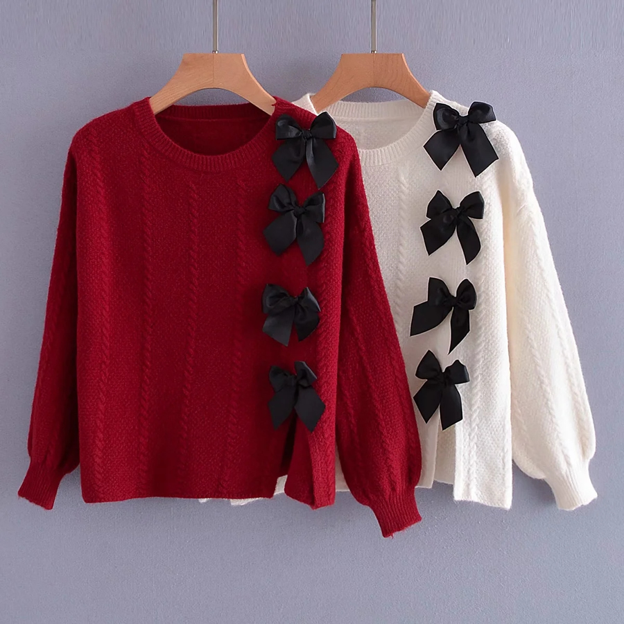 Fashion White Bow Knitted Sweater,Sweater