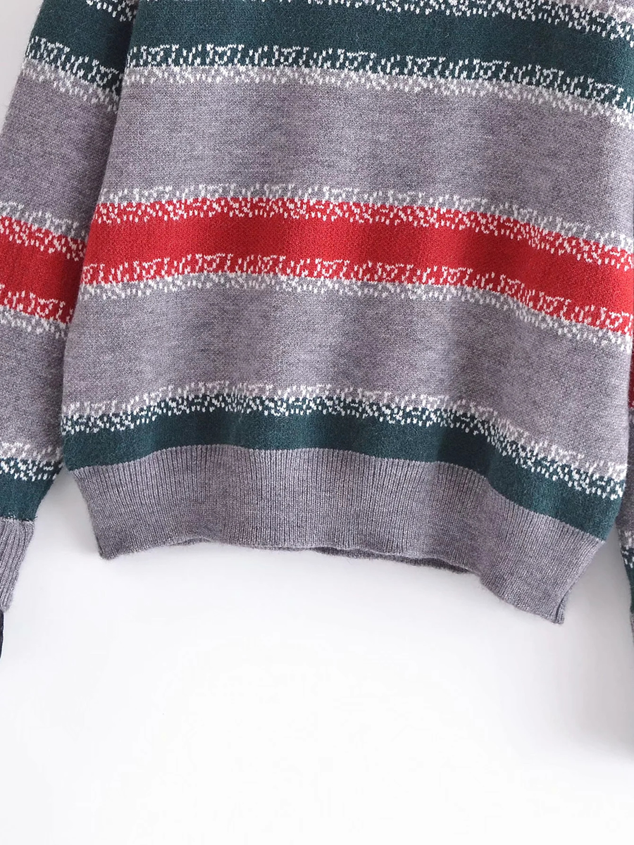 Fashion Grey Contrast Striped Pullover,Sweater