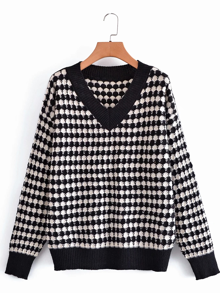 Fashion Brown V-neck Printed Knit Pullover Sweater,Sweater