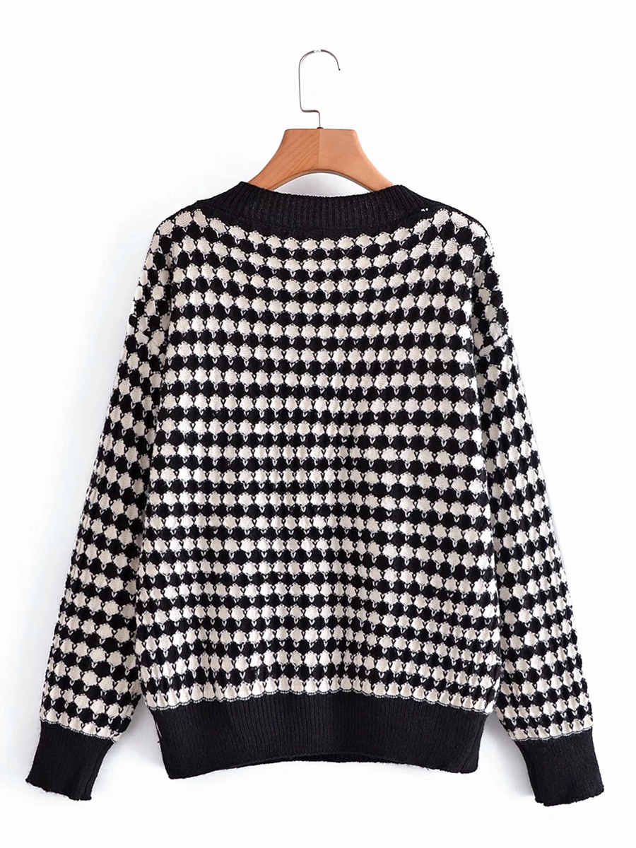 Fashion Black V-neck Printed Knit Pullover Sweater,Sweater