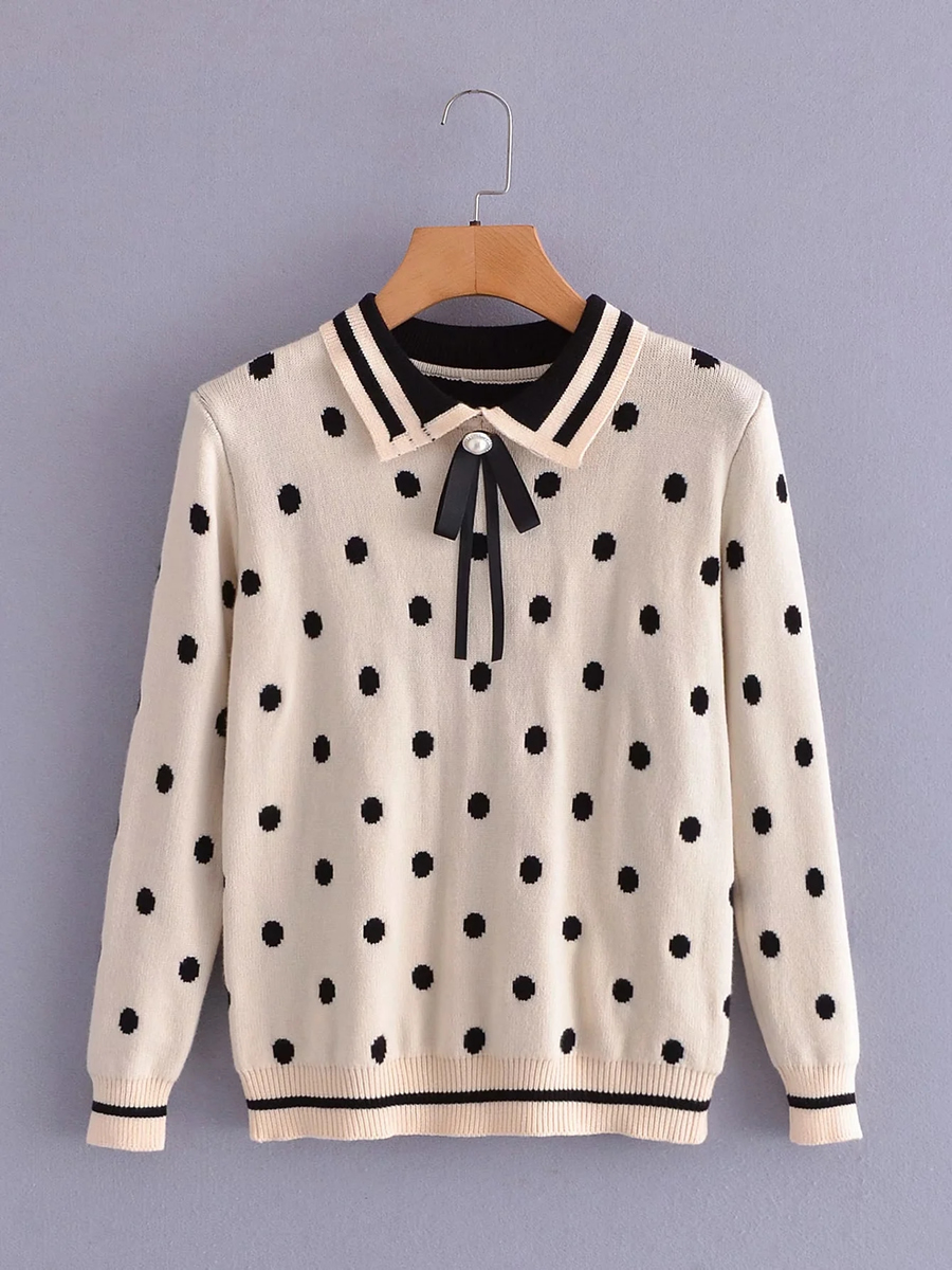 Fashion Beige Bow-knot Polka-dot Knitted Sweater,Sweater