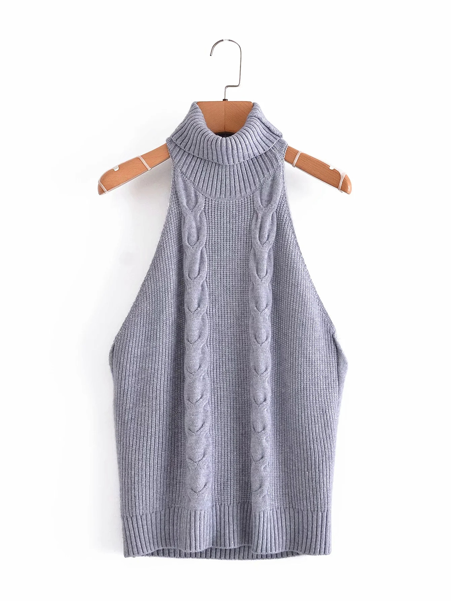 Fashion Grey High Neck Sleeveless Knitted Sweater,Sweater