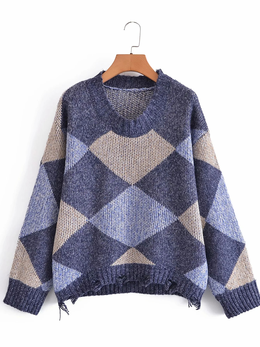 Fashion Beige Colorblock Checked Hole Knit Sweater,Sweater