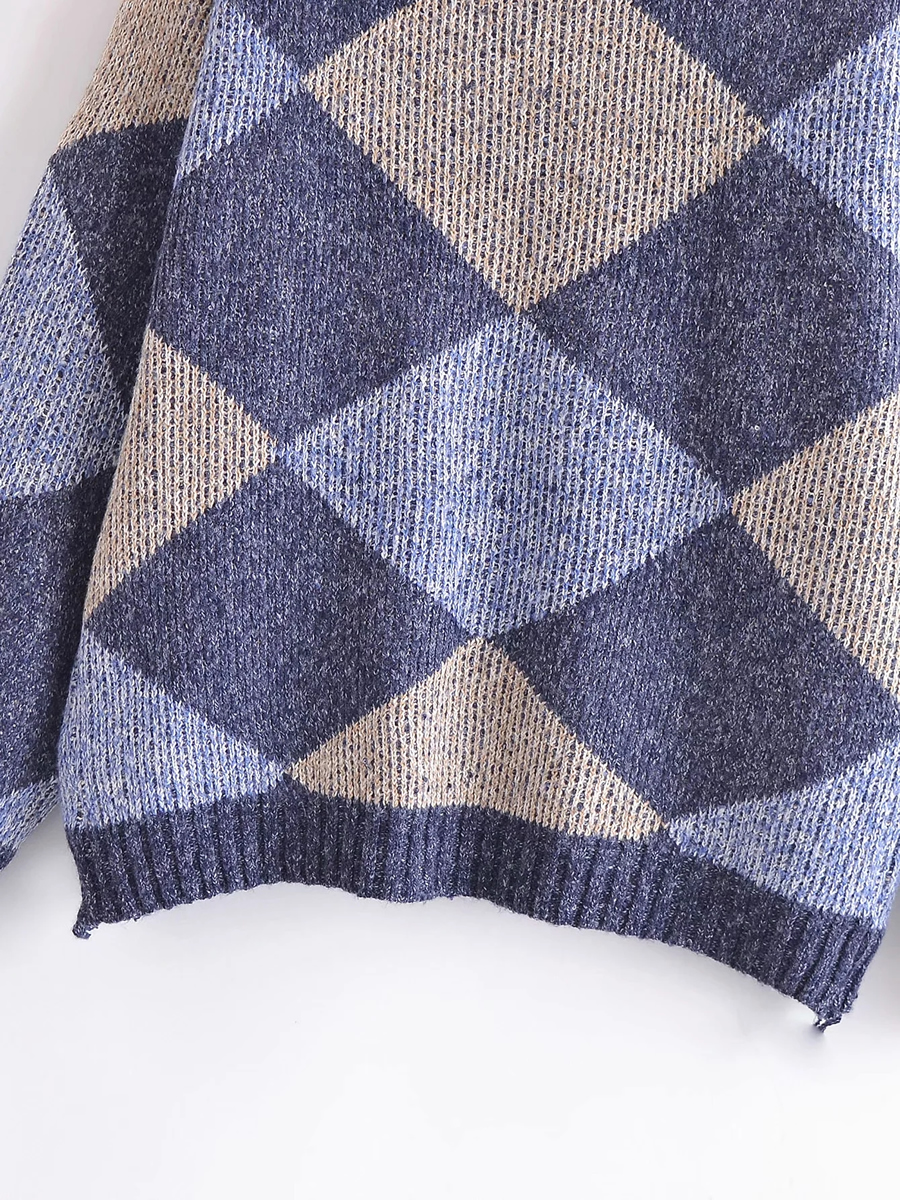 Fashion Navy Colorblock Checked Hole Knit Sweater,Sweater