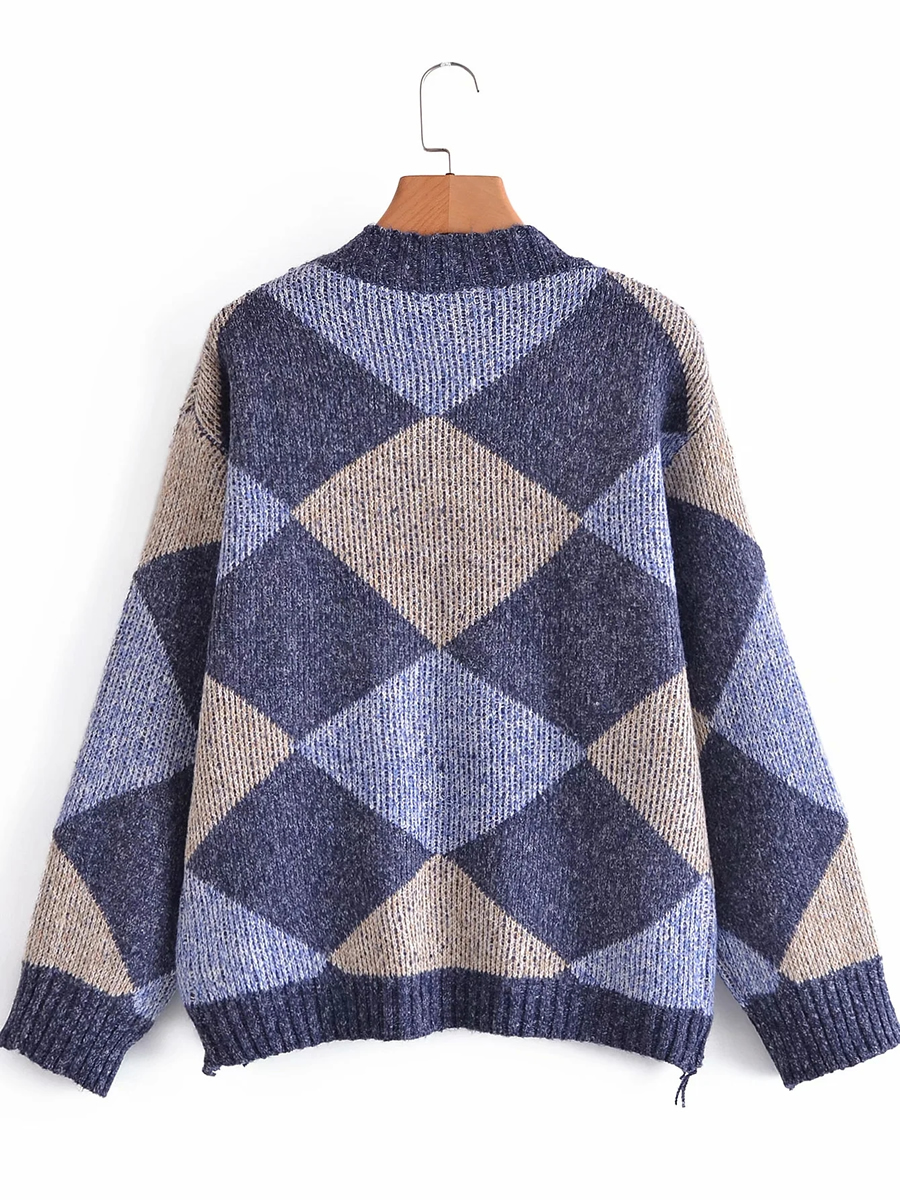 Fashion Beige Colorblock Checked Hole Knit Sweater,Sweater