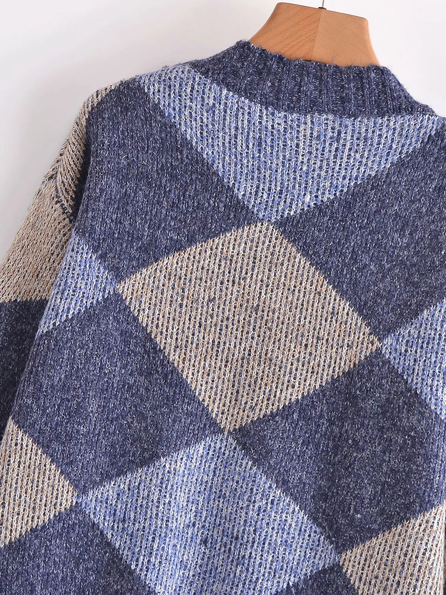 Fashion Navy Colorblock Checked Hole Knit Sweater,Sweater