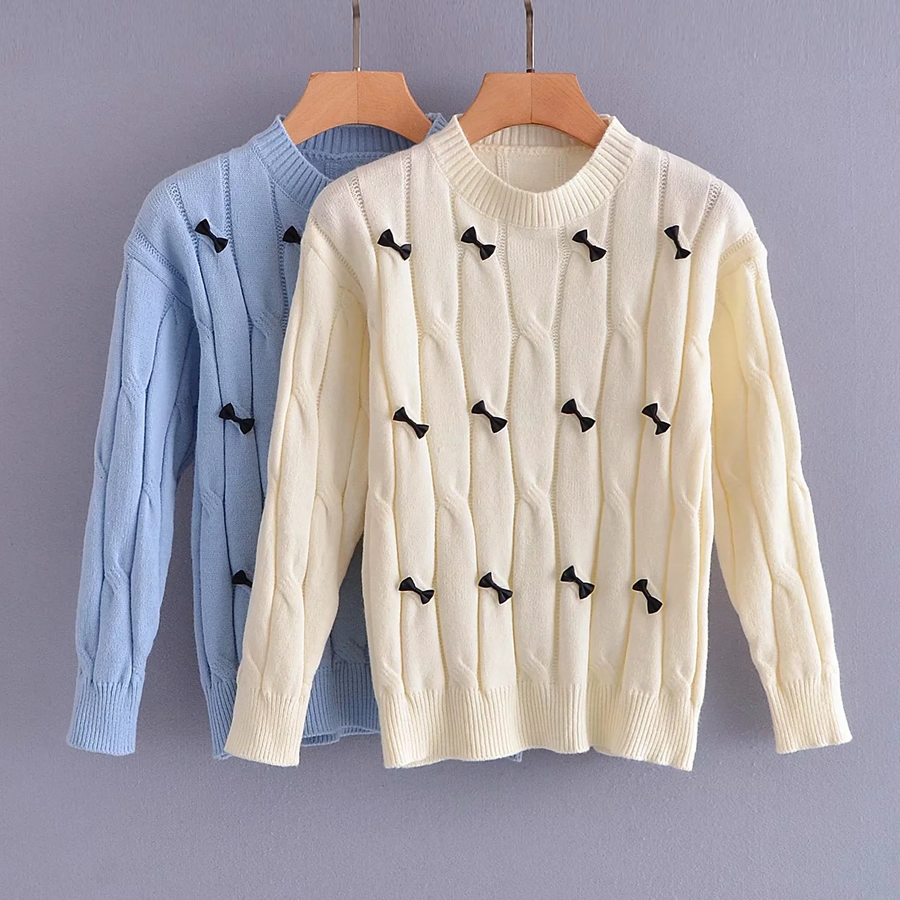Fashion Blue Round Neck Bow Pullover Sweater,Sweater