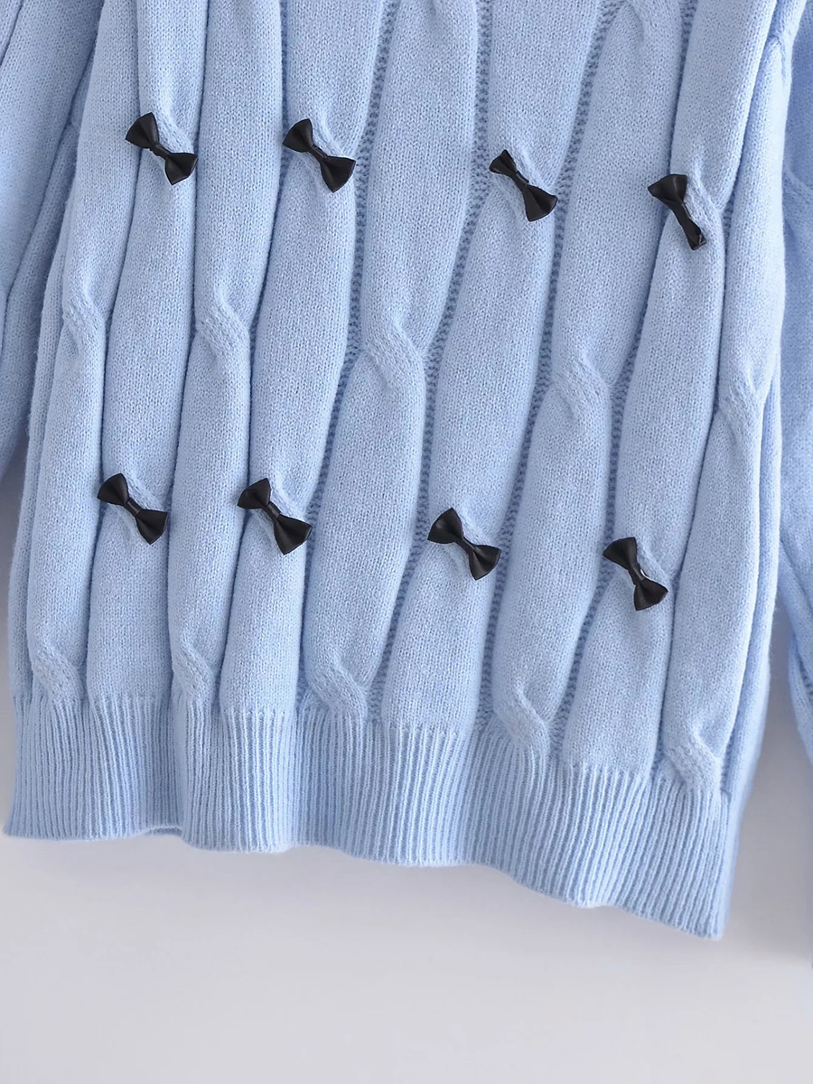 Fashion Blue Round Neck Bow Pullover Sweater,Sweater