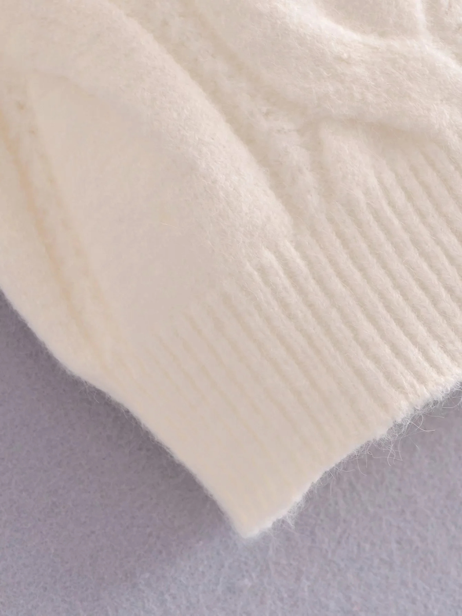 Fashion Creamy-white Round Neck Twist Knit Sweater,Sweater