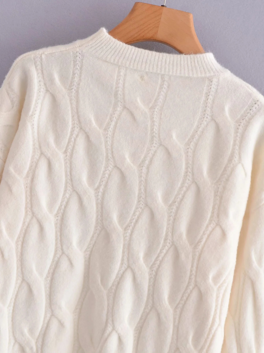 Fashion Creamy-white Round Neck Twist Knit Sweater,Sweater