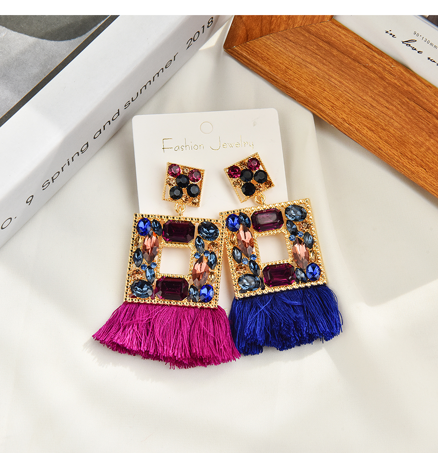 Fashion Purple Alloy Diamond Square Tassel Stud Earrings,Stud Earrings
