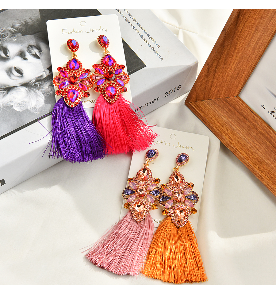 Fashion Leather Pink Alloy Diamond Drop Tassel Stud Earrings,Stud Earrings