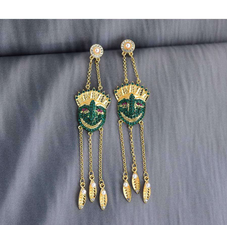 Fashion Green Alloy Diamond Mask Tassel Earrings,Stud Earrings