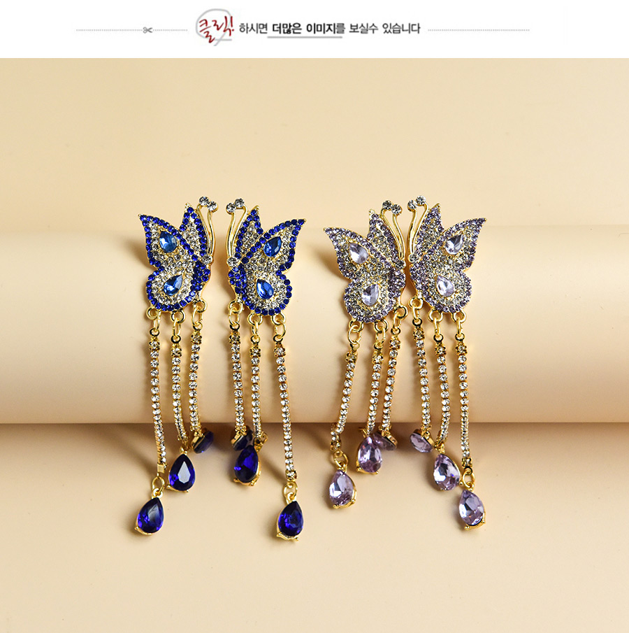 Fashion Blue Alloy Diamond Butterfly Tassel Stud Earrings,Stud Earrings