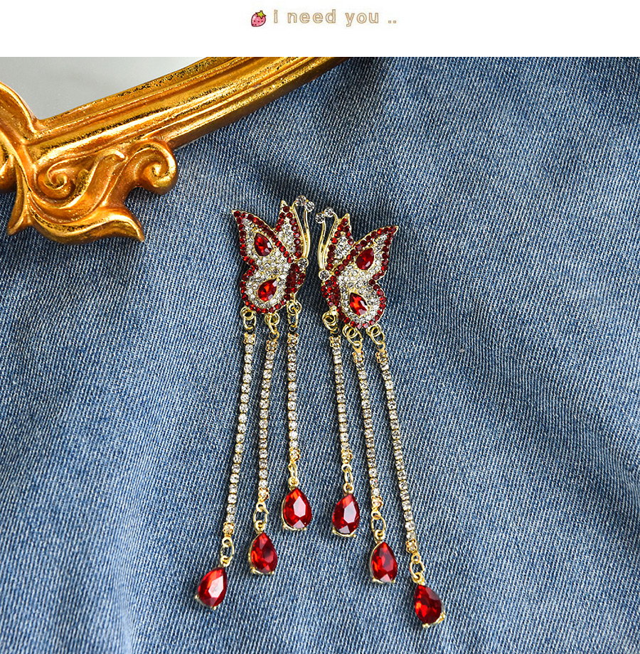 Fashion Red Alloy Diamond Butterfly Tassel Stud Earrings,Stud Earrings