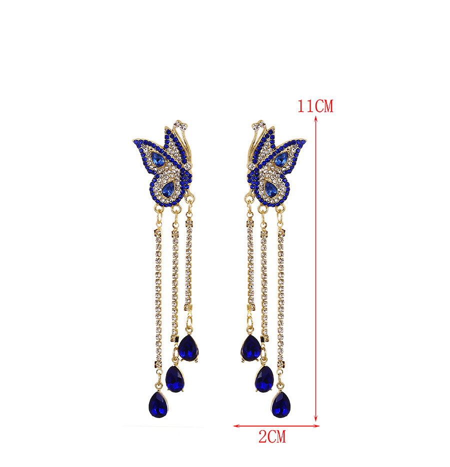 Fashion Blue Alloy Diamond Butterfly Tassel Stud Earrings,Stud Earrings