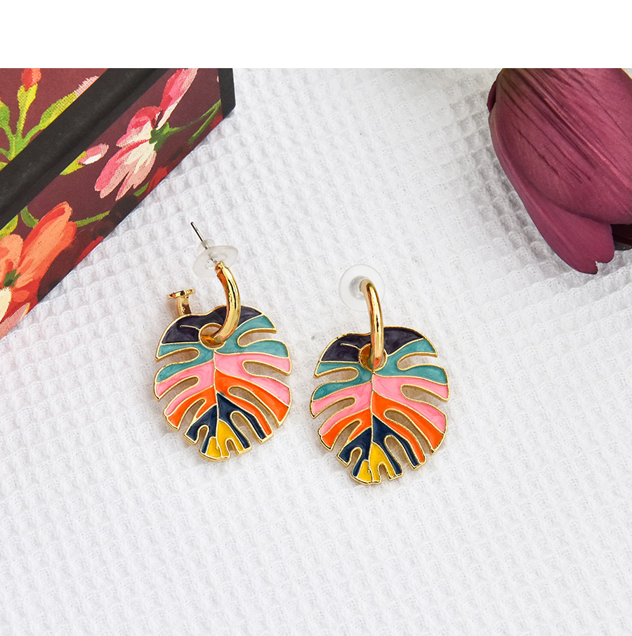 Fashion Color Alloy Oil Dripping Hollow Leaf Earrings,Stud Earrings