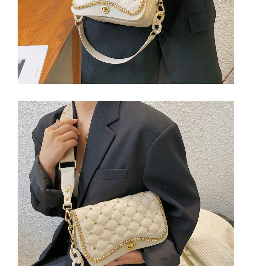 Fashion Creamy-white Lingge Embroidery Thread Rivet Messenger Bag,Shoulder bags