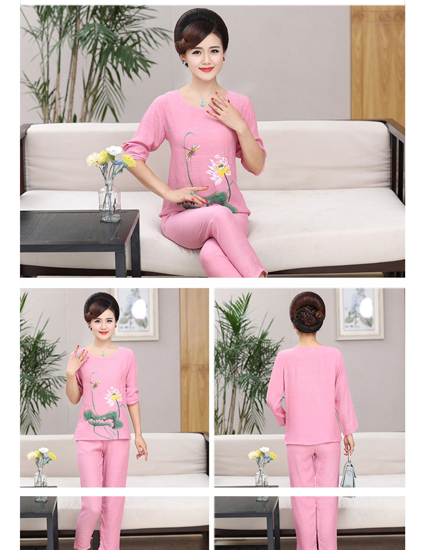 Fashion Rose Red Printed Round Neck Long-sleeved Pajamas And Trousers Pajama Set,Others