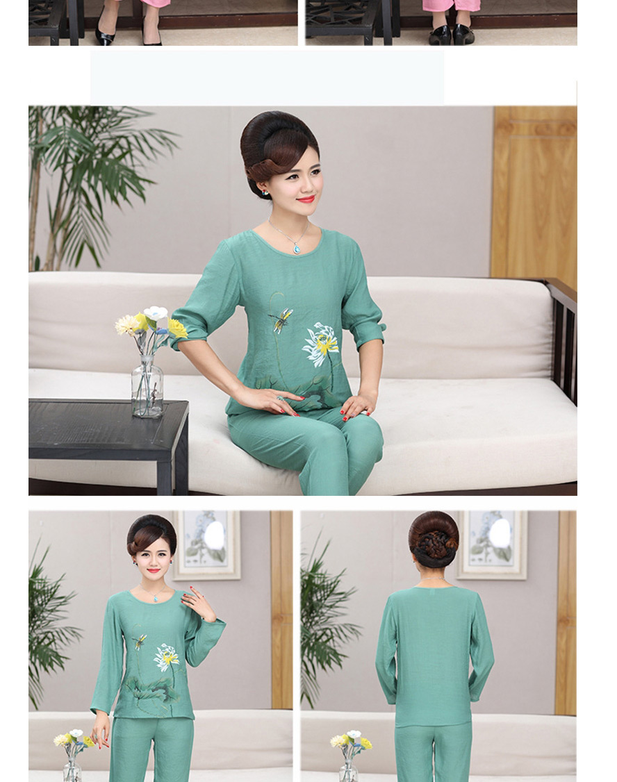 Fashion Dark Green Printed Round Neck Long-sleeved Pajamas And Trousers Pajama Set,Others