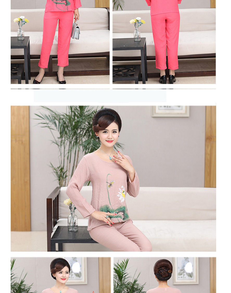 Fashion Rose Red Printed Round Neck Long-sleeved Pajamas And Trousers Pajama Set,Others