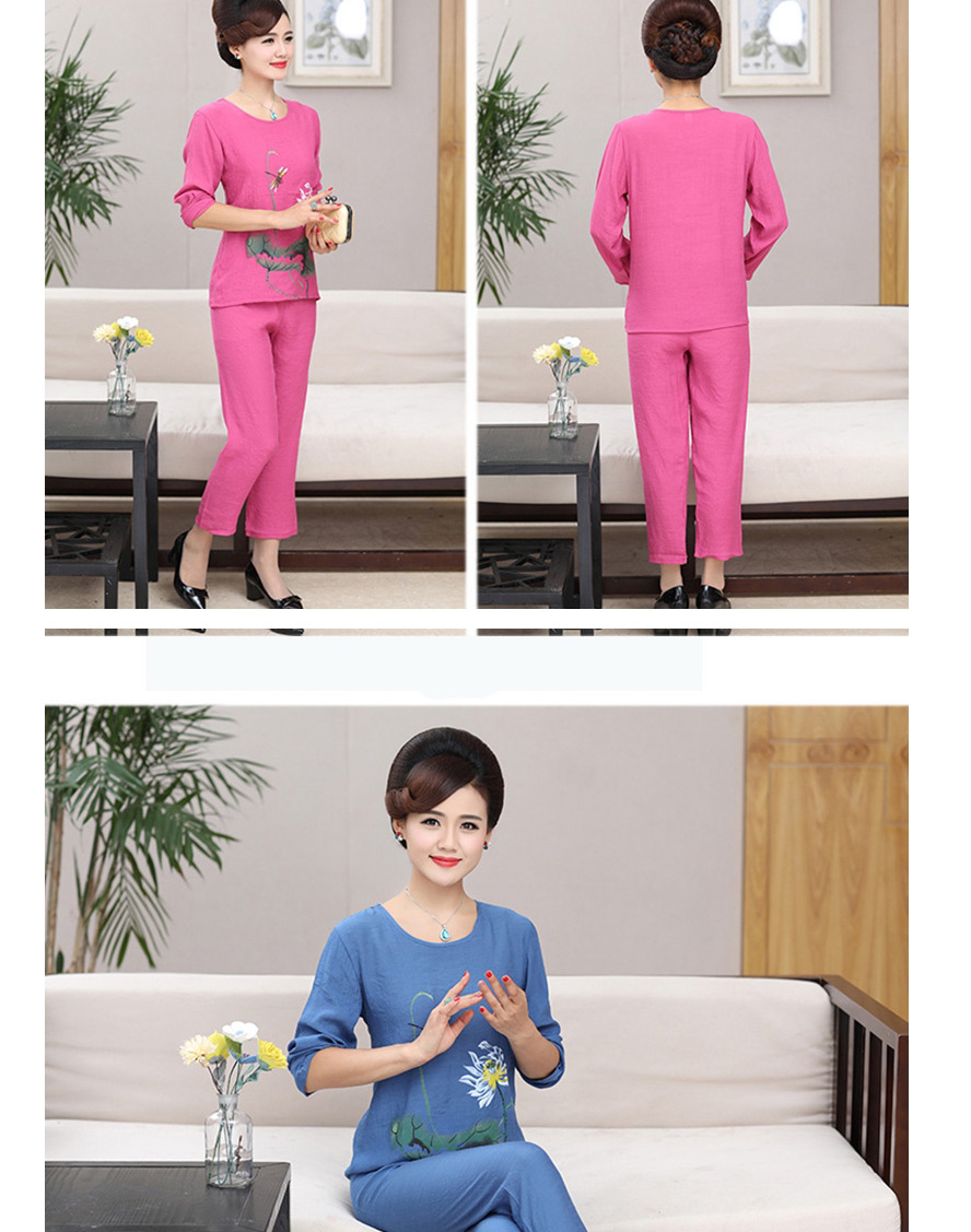 Fashion Navy Printed Round Neck Long-sleeved Pajamas And Trousers Pajama Set,Others